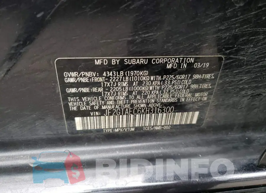 JF2GTAEC6KH316300 Photo# 12