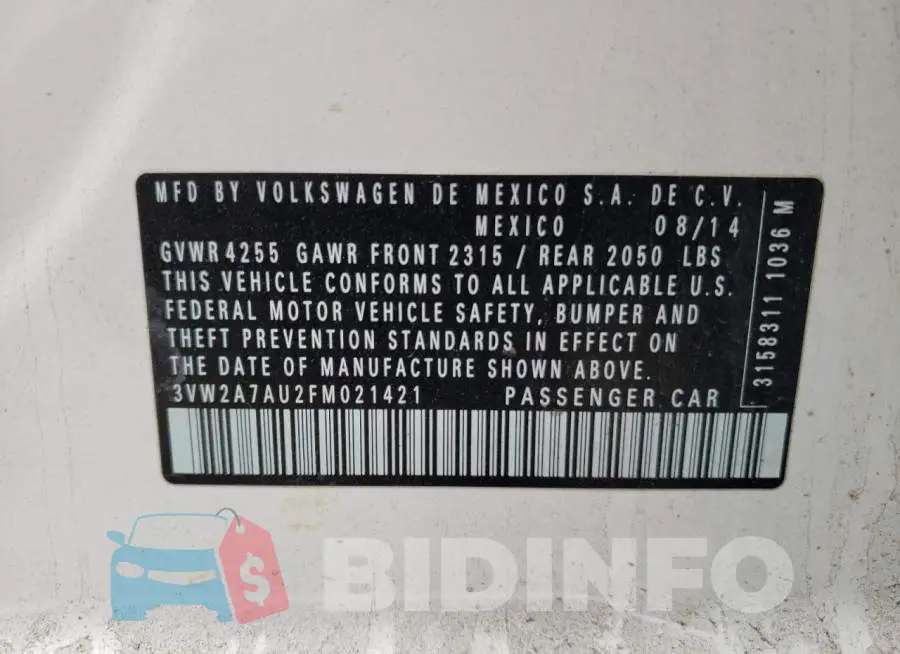 3VW2A7AU2FM021421 Photo# 12