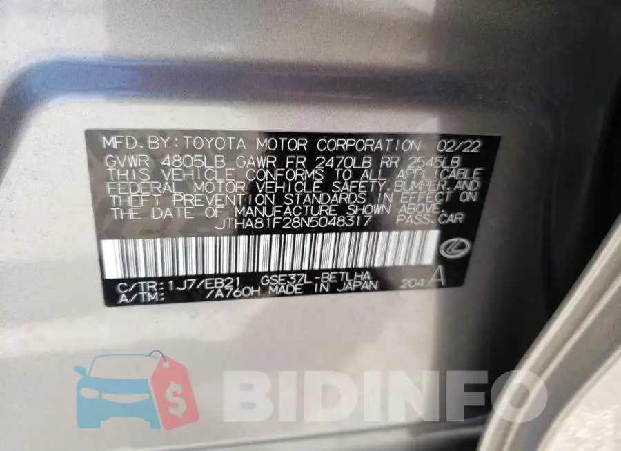 JTHA81F28N5048317 Photo# 12