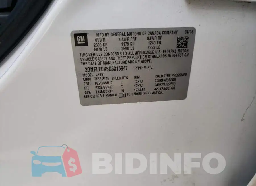 2GNFLEEK5G6316947 Photo# 12
