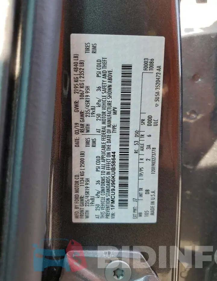 1FMCU9J96KUB58644 Photo# 14