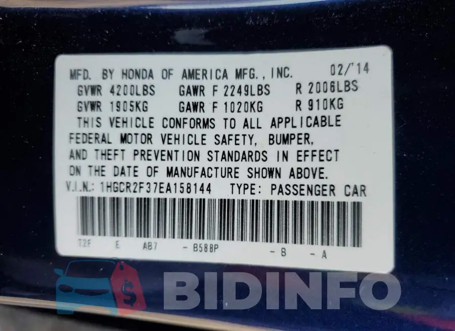 1HGCR2F37EA158144 Photo# 12