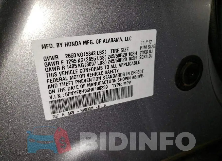 5FNYF6H95HB100339 Photo# 13