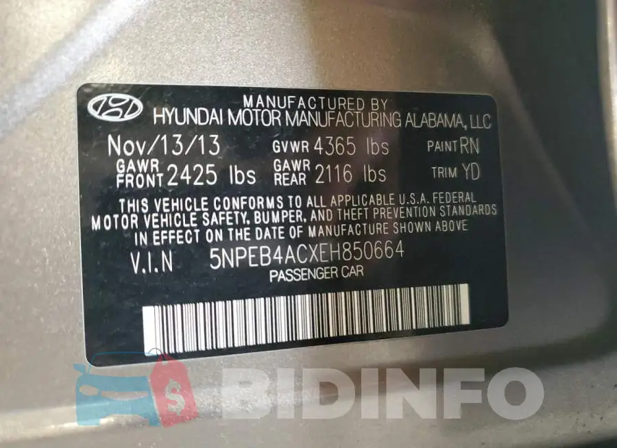 5NPEB4ACXEH850664 Photo# 13