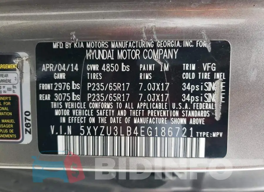 5XYZU3LB4EG186721 Photo# 13