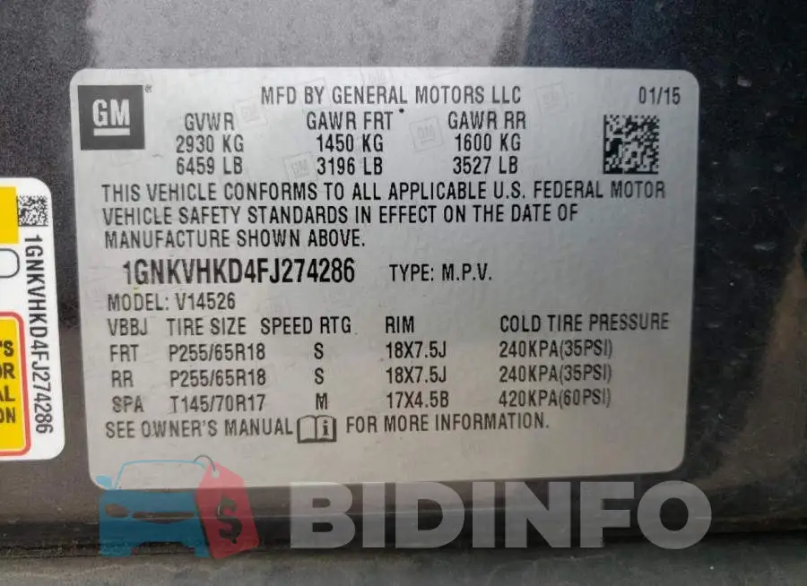 1GNKVHKD4FJ274286 Photo# 13