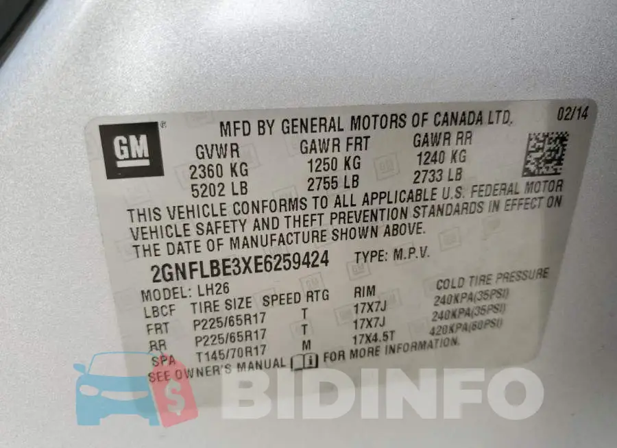 2GNFLBE3XE6259424 Photo# 13