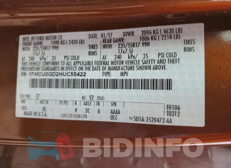 1FMCU0GD2HUC55422 Photo# 14