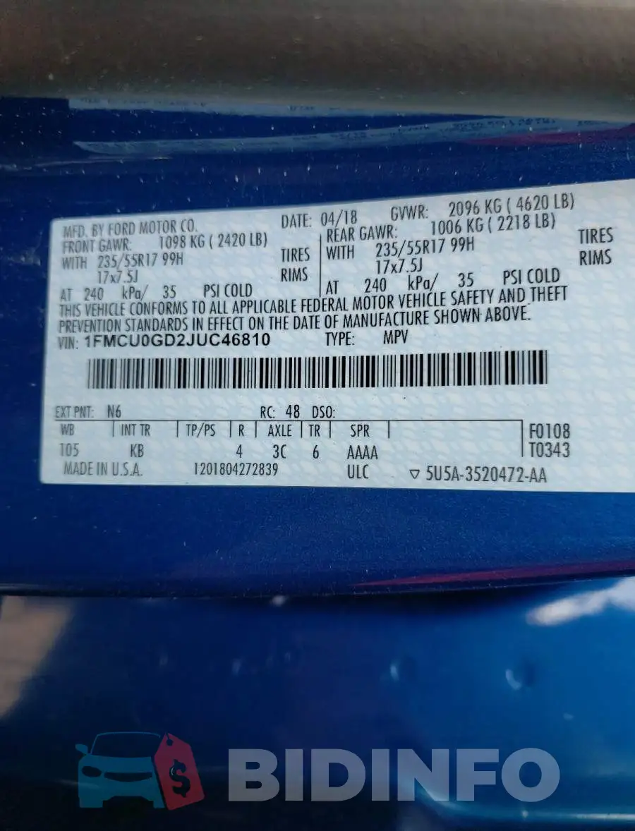 1FMCU0GD2JUC46810 Photo# 10