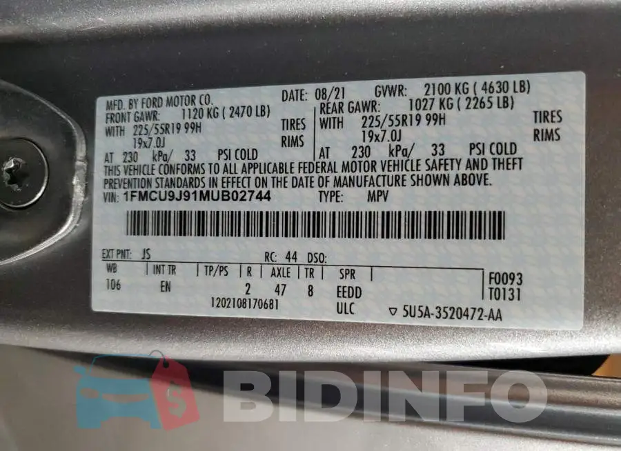 1FMCU9J91MUB02744 Photo# 12