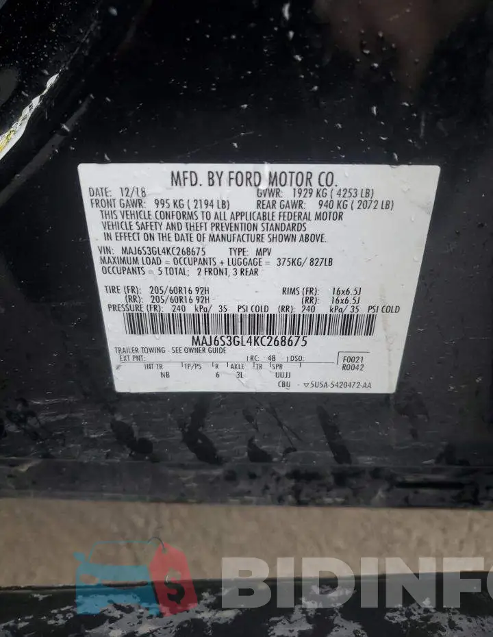 MAJ6S3GL4KC268675 Photo# 13