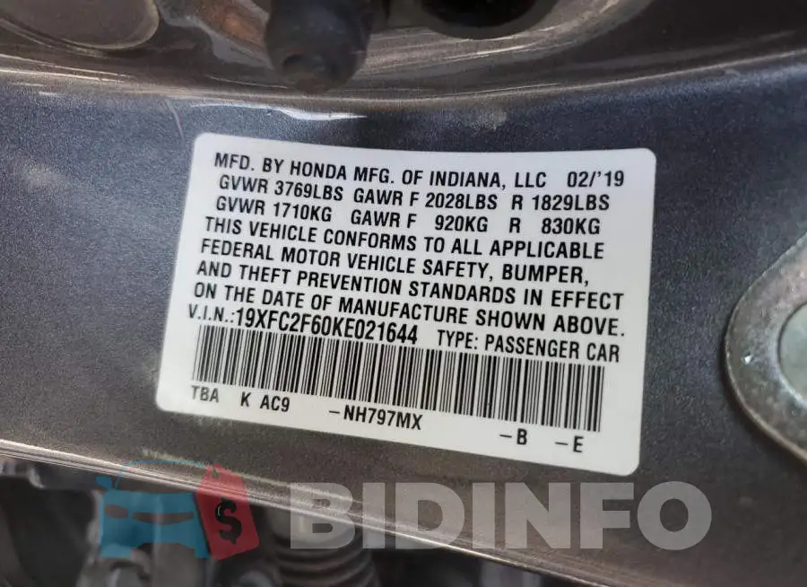 19XFC2F60KE021644 Photo# 12