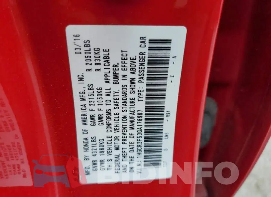 1HGCR2F53GA176967 Photo# 12