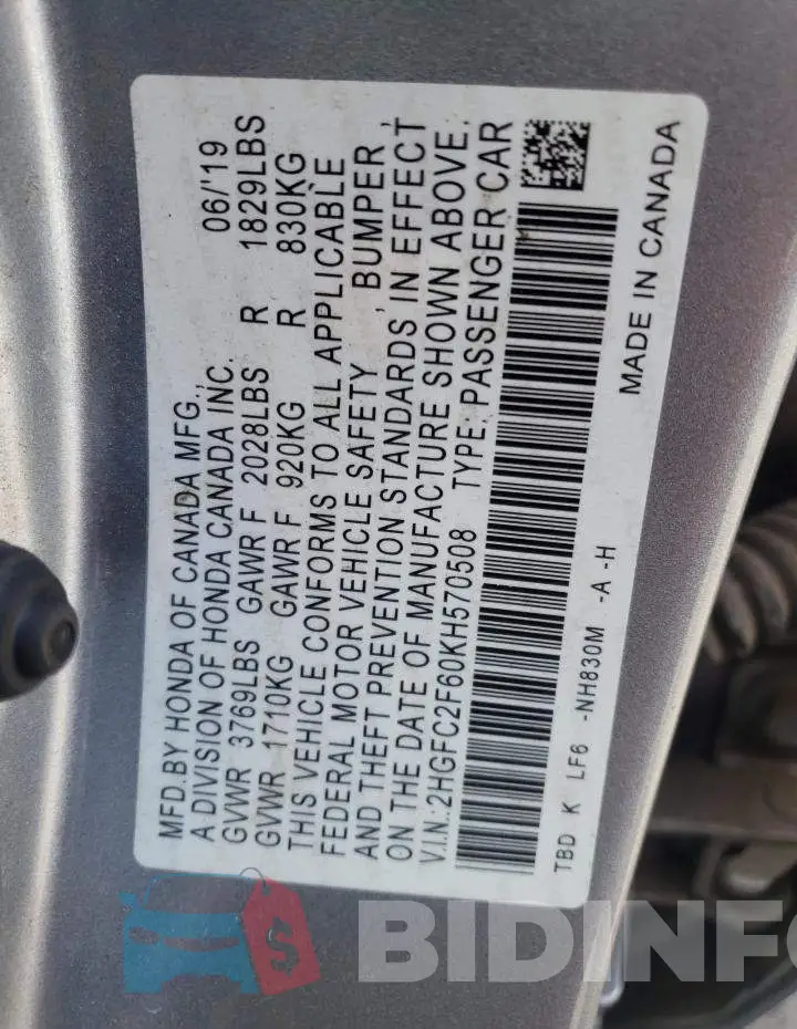 2HGFC2F60KH570508 Photo# 13