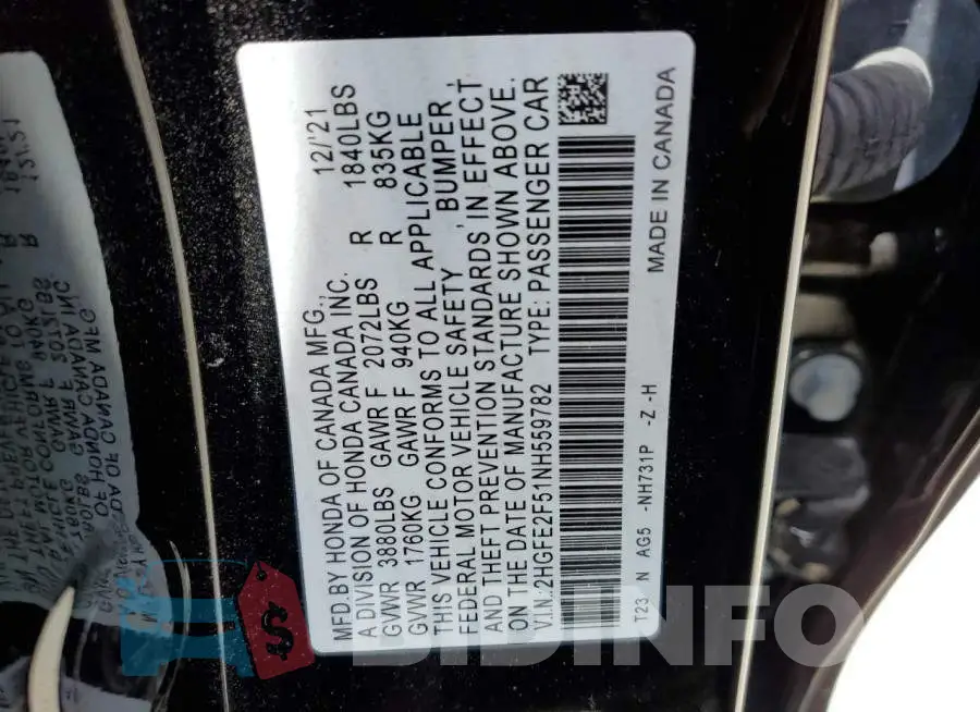 2HGFE2F51NH559782 Photo# 12