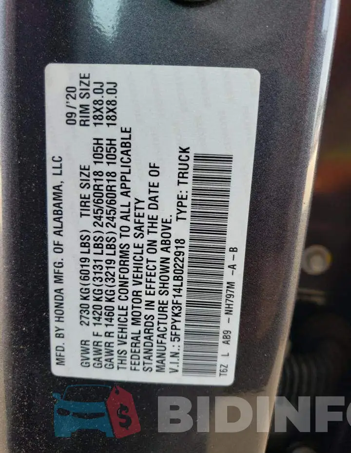 5FPYK3F14LB022918 Photo# 12
