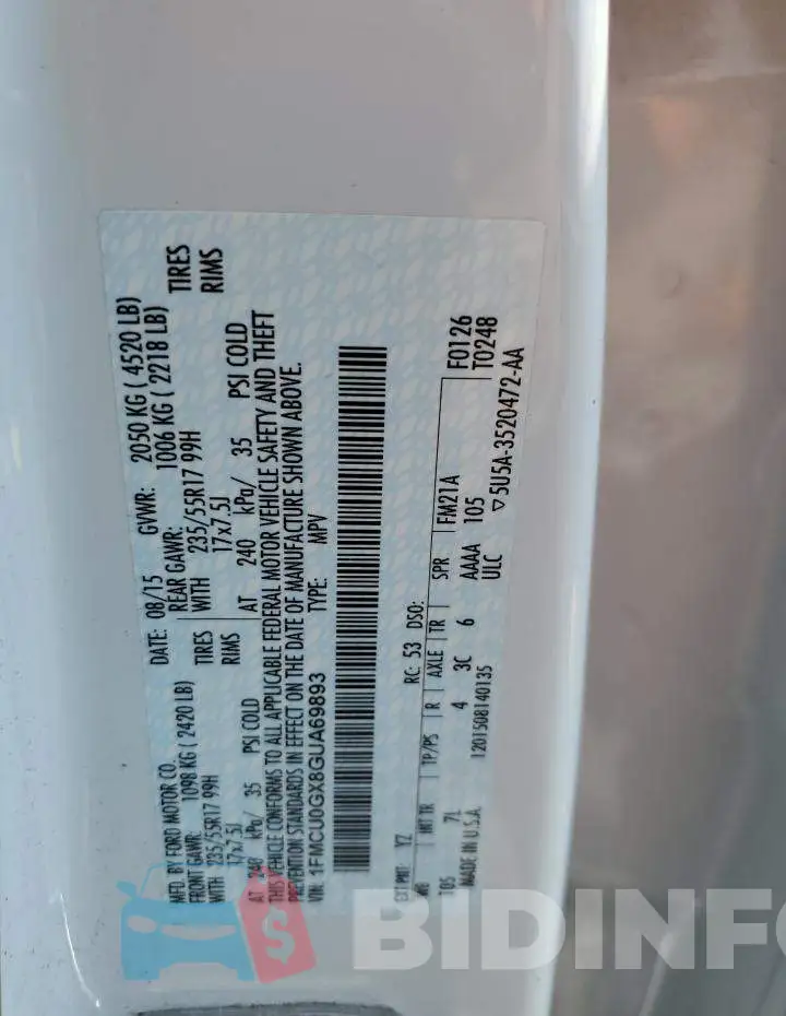 1FMCU0GX8GUA69893 Photo# 14