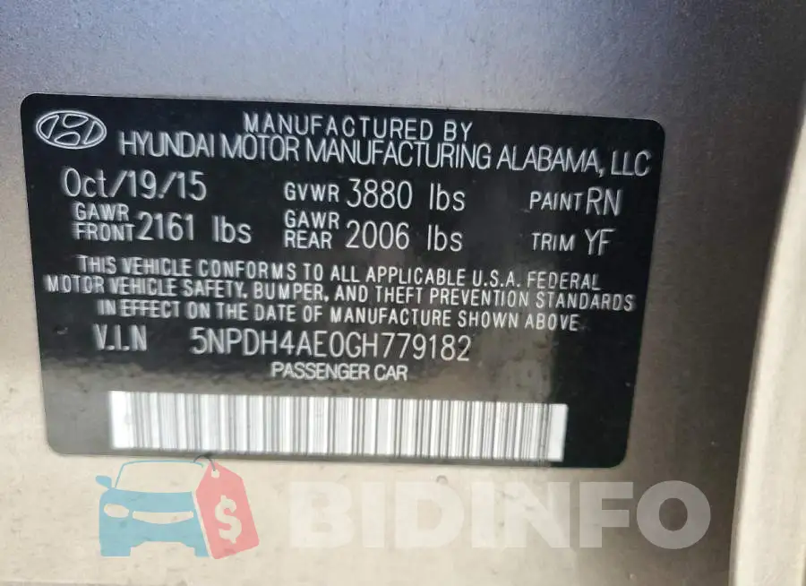 5NPDH4AE0GH779182 Photo# 13