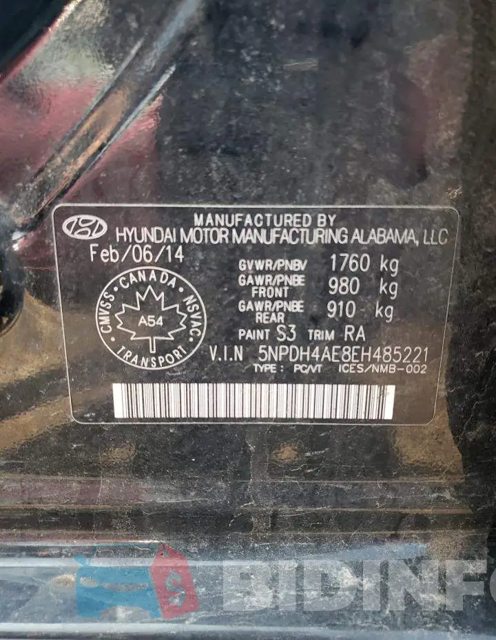 5NPDH4AE8EH485221 Photo# 13