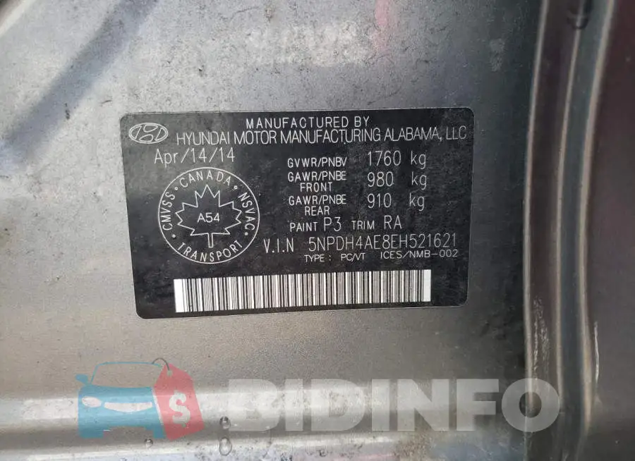 5NPDH4AE8EH521621 Photo# 12