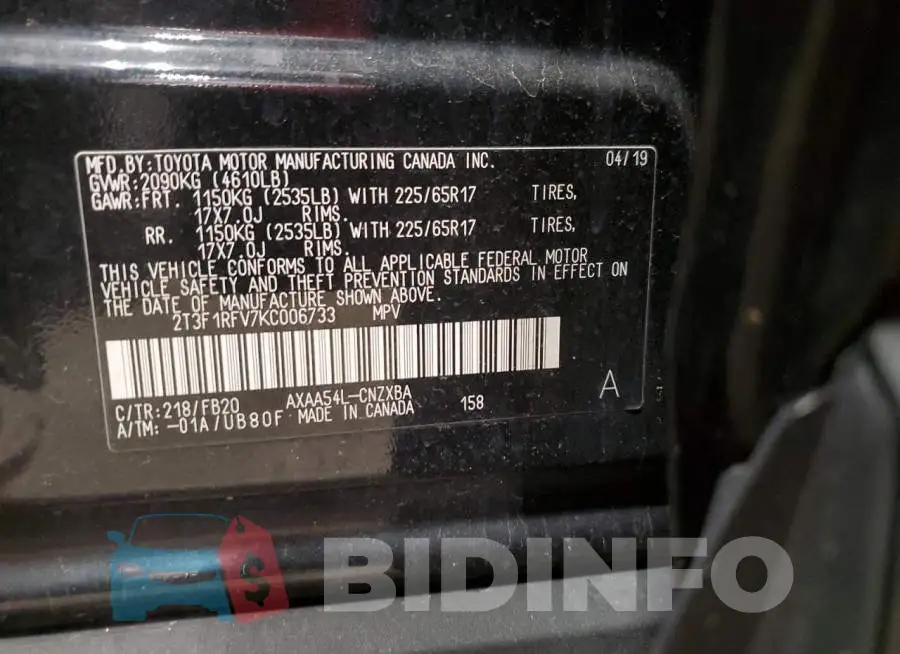 2T3F1RFV7KC006733 Photo# 13