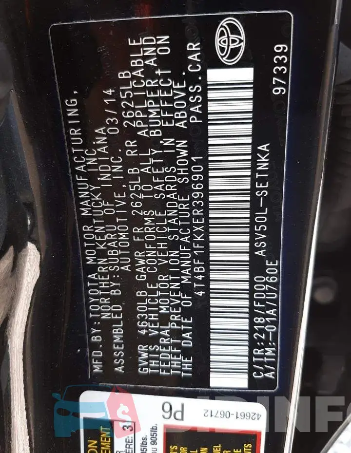 4T4BF1FKXER396901 Photo# 13