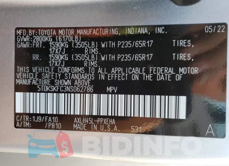 5TDKSKFC3NS062786 Photo# 13