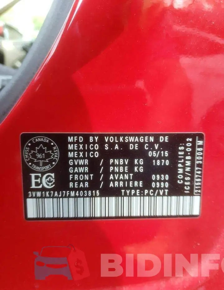 3VW1K7AJ7FM403815 Photo# 12