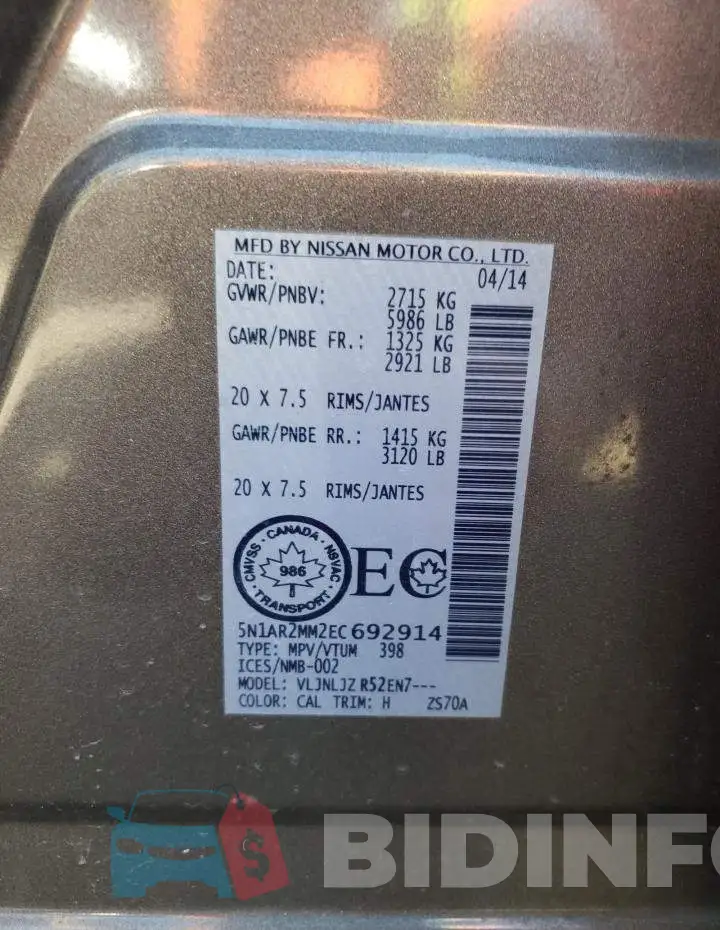 5N1AR2MM2EC692914 Photo# 14