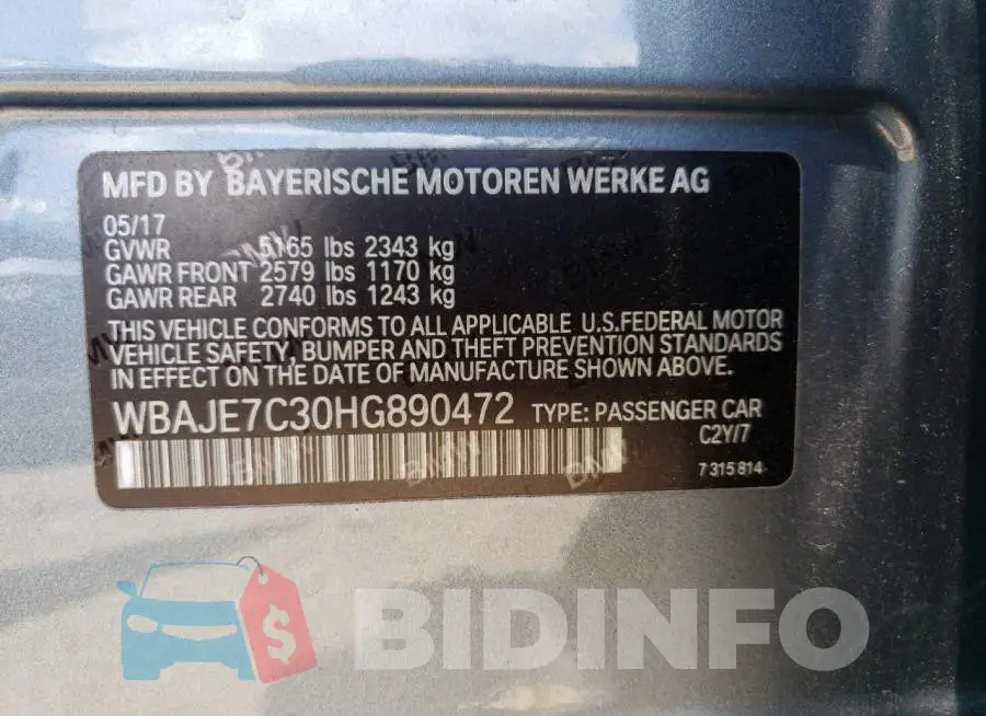 WBAJE7C30HG890472 Photo# 12