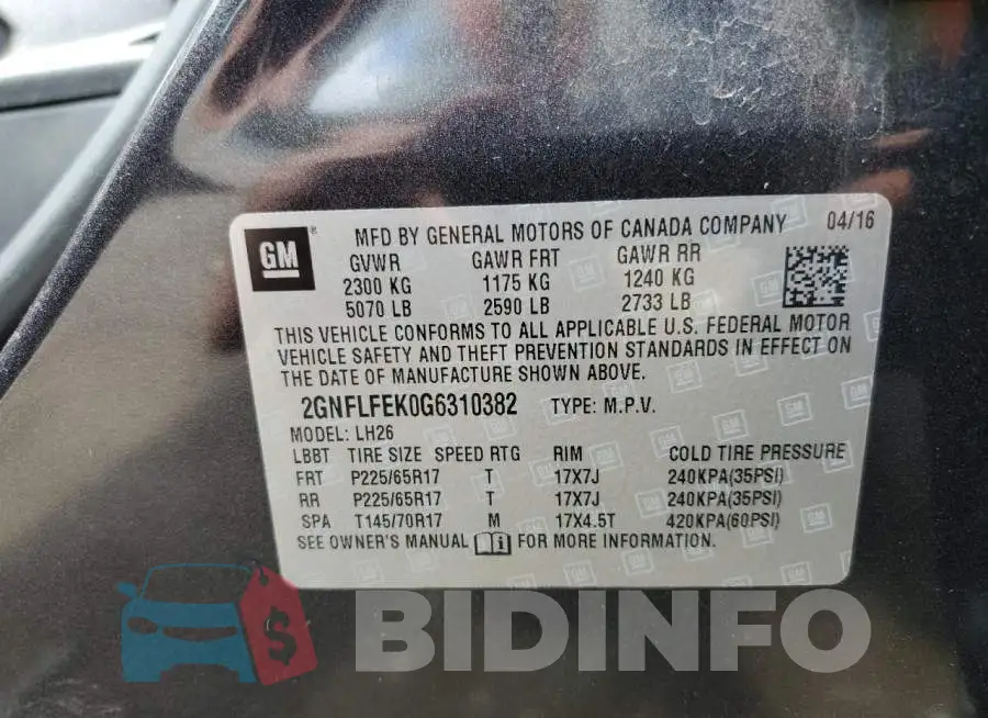 2GNFLFEK0G6310382 Photo# 13