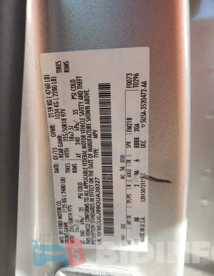 1FMCU0J99GUA39327 Photo# 12