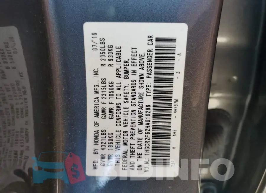 1HGCR2F62HA010286 Photo# 12
