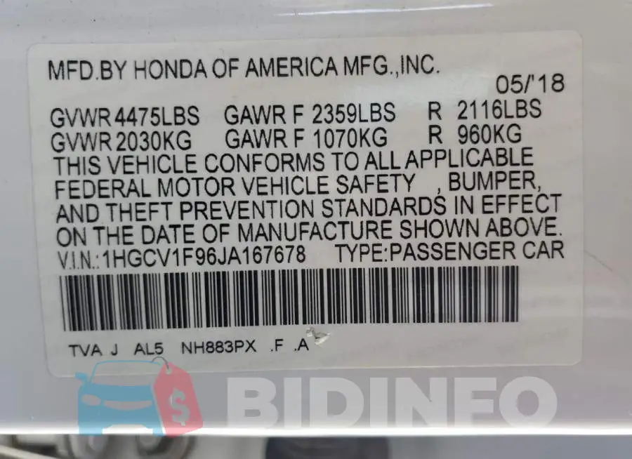 1HGCV1F96JA167678 Photo# 12