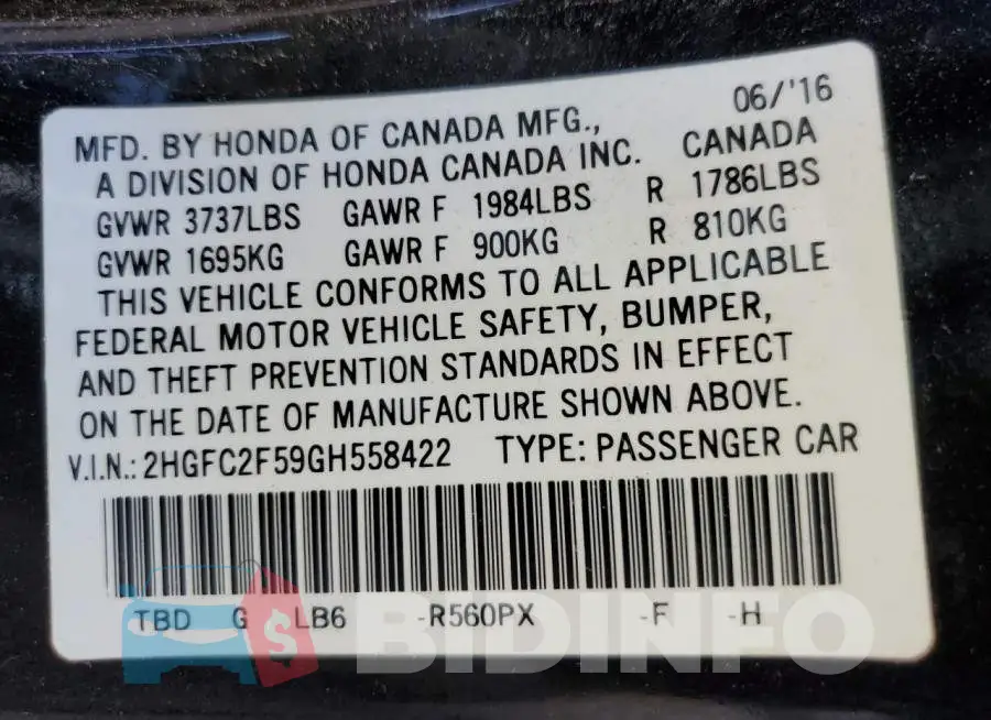 2HGFC2F59GH558422 Photo# 12