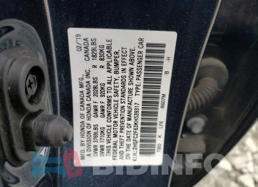 2HGFC2F63KH539317 Photo# 12