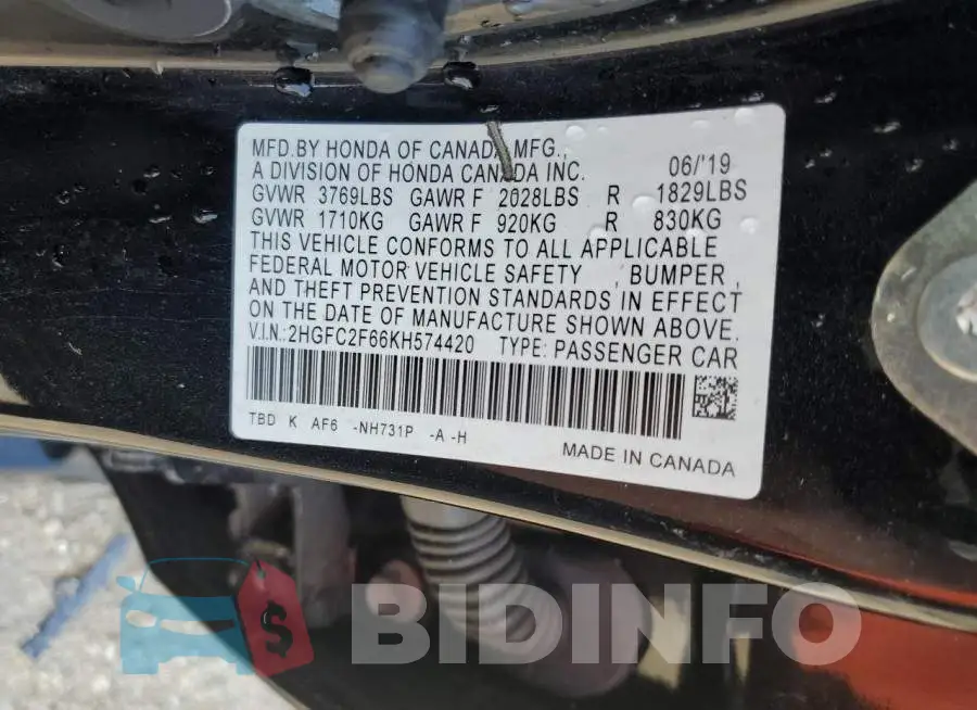 2HGFC2F66KH574420 Photo# 12