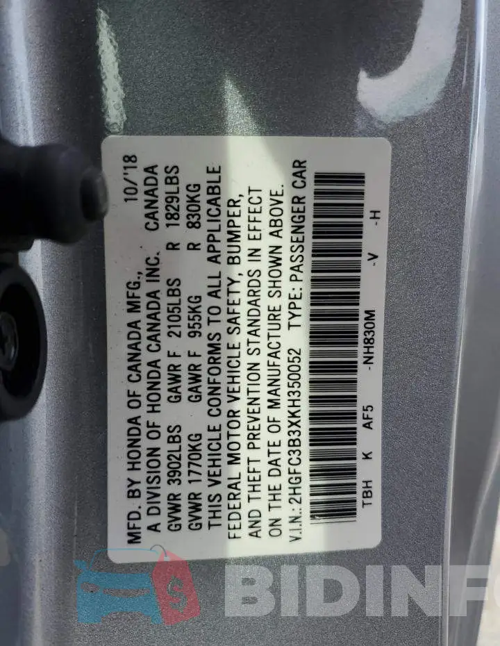 2HGFC3B3XKH350052 Photo# 12