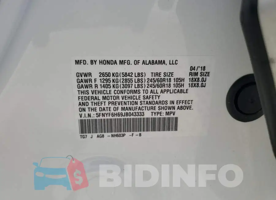 5FNYF6H69JB043333 Photo# 13