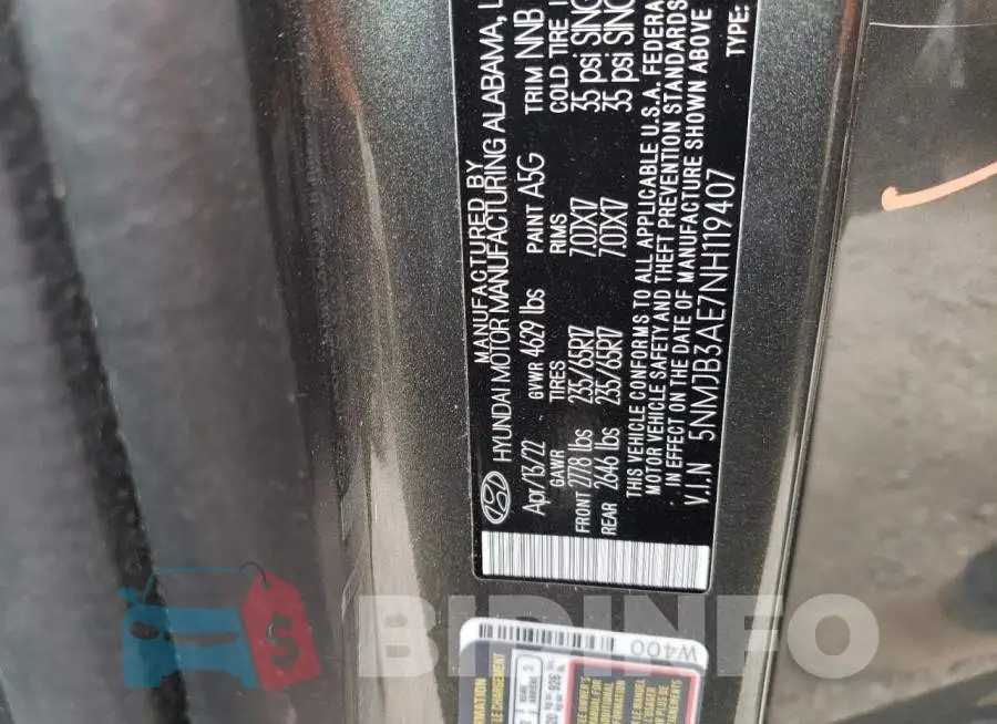 5NMJB3AE7NH119407 Photo# 12