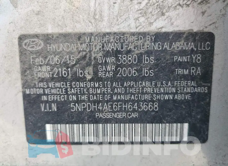 5NPDH4AE6FH643668 Photo# 12