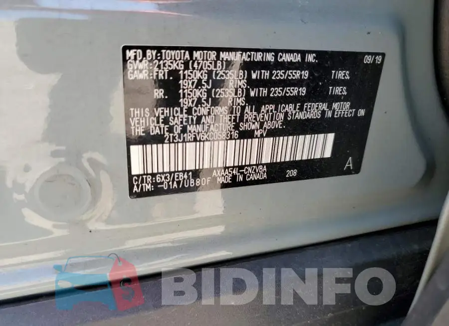 2T3J1RFV6KC058316 Photo# 13