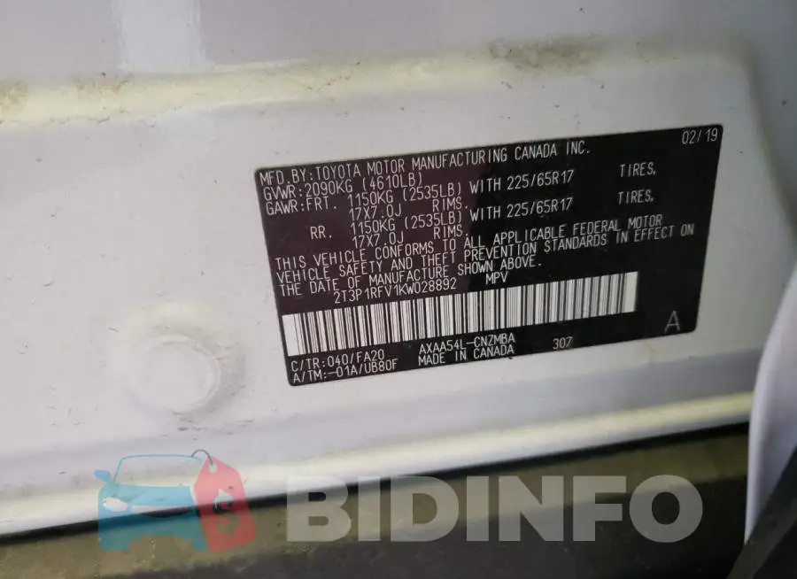2T3P1RFV1KW028892 Photo# 13