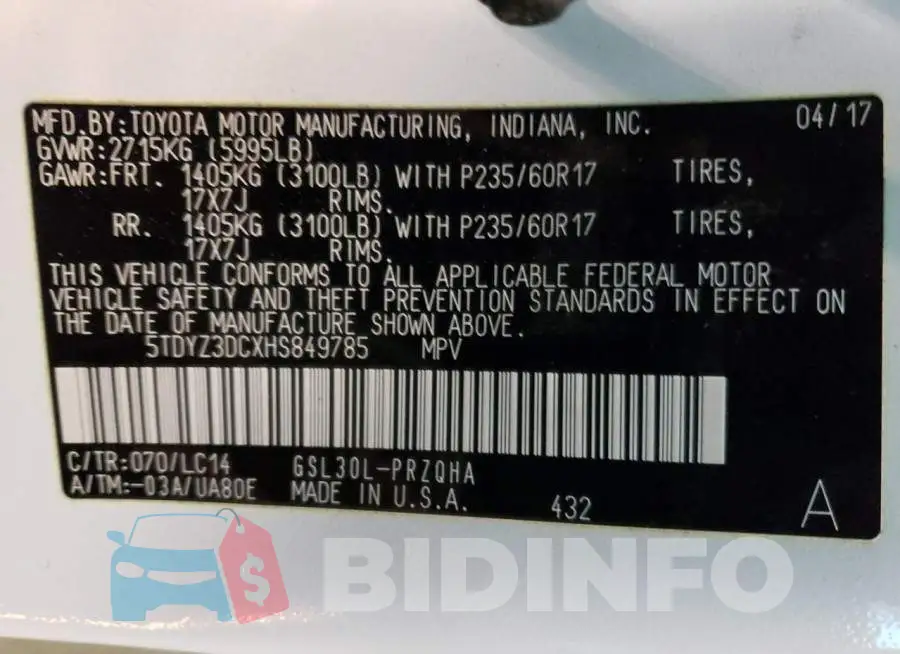 5TDYZ3DCXHS849785 Photo# 14