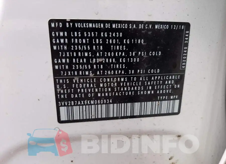 3VV2B7AX9KM060934 Photo# 13