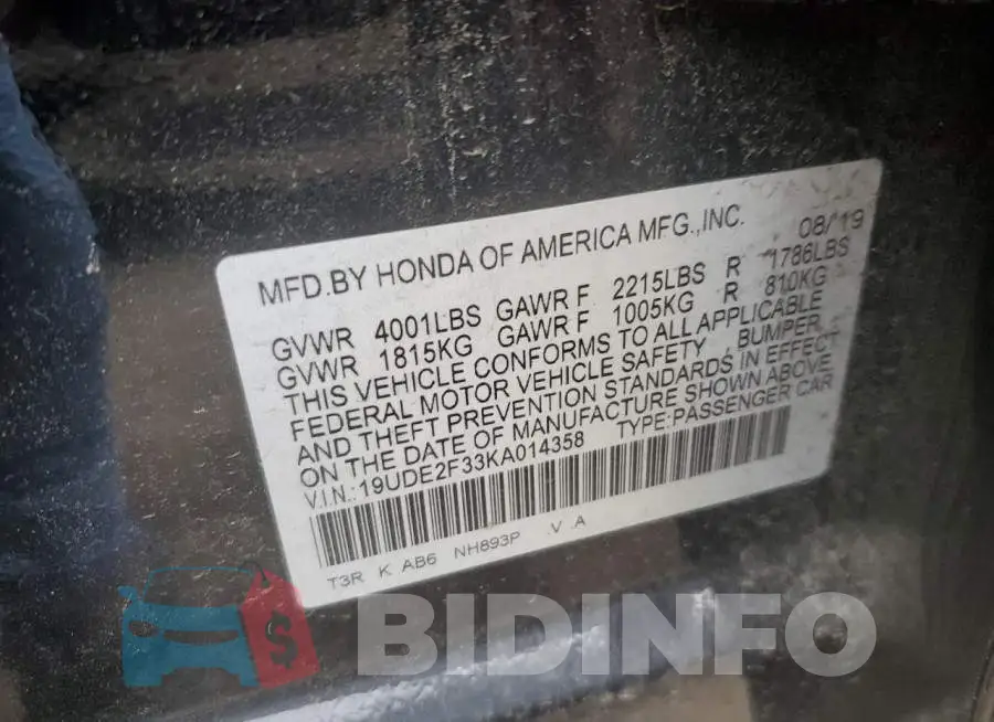 19UDE2F33KA014358 Photo# 12