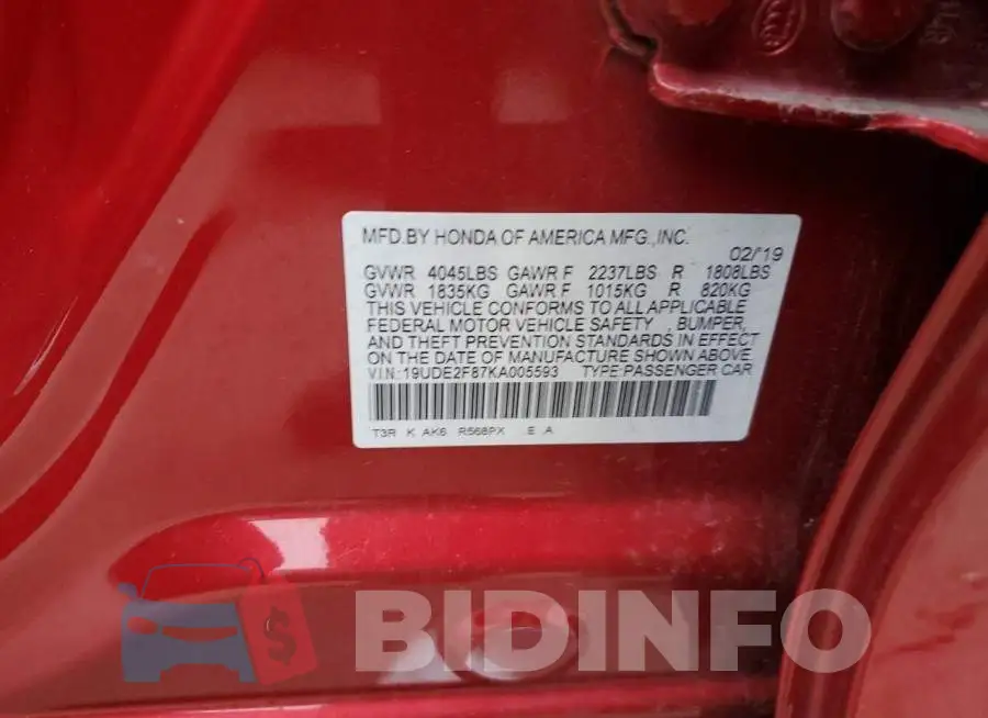 19UDE2F87KA005593 Photo# 12