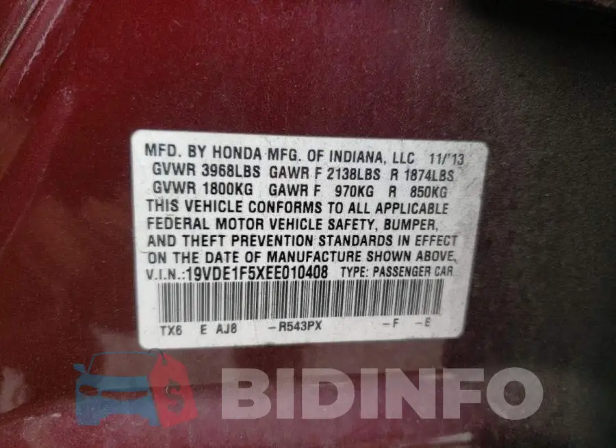 19VDE1F5XEE010408 Photo# 12