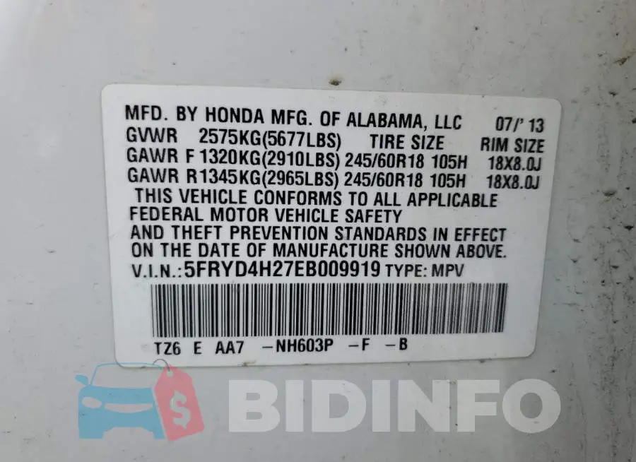 5FRYD4H27EB009919 Photo# 13