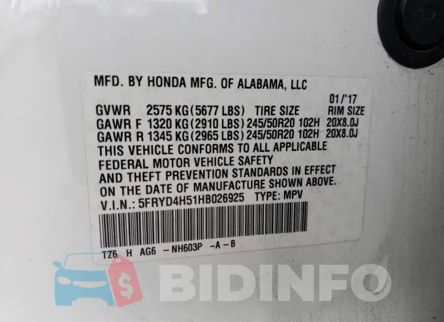5FRYD4H51HB026925 Photo# 13